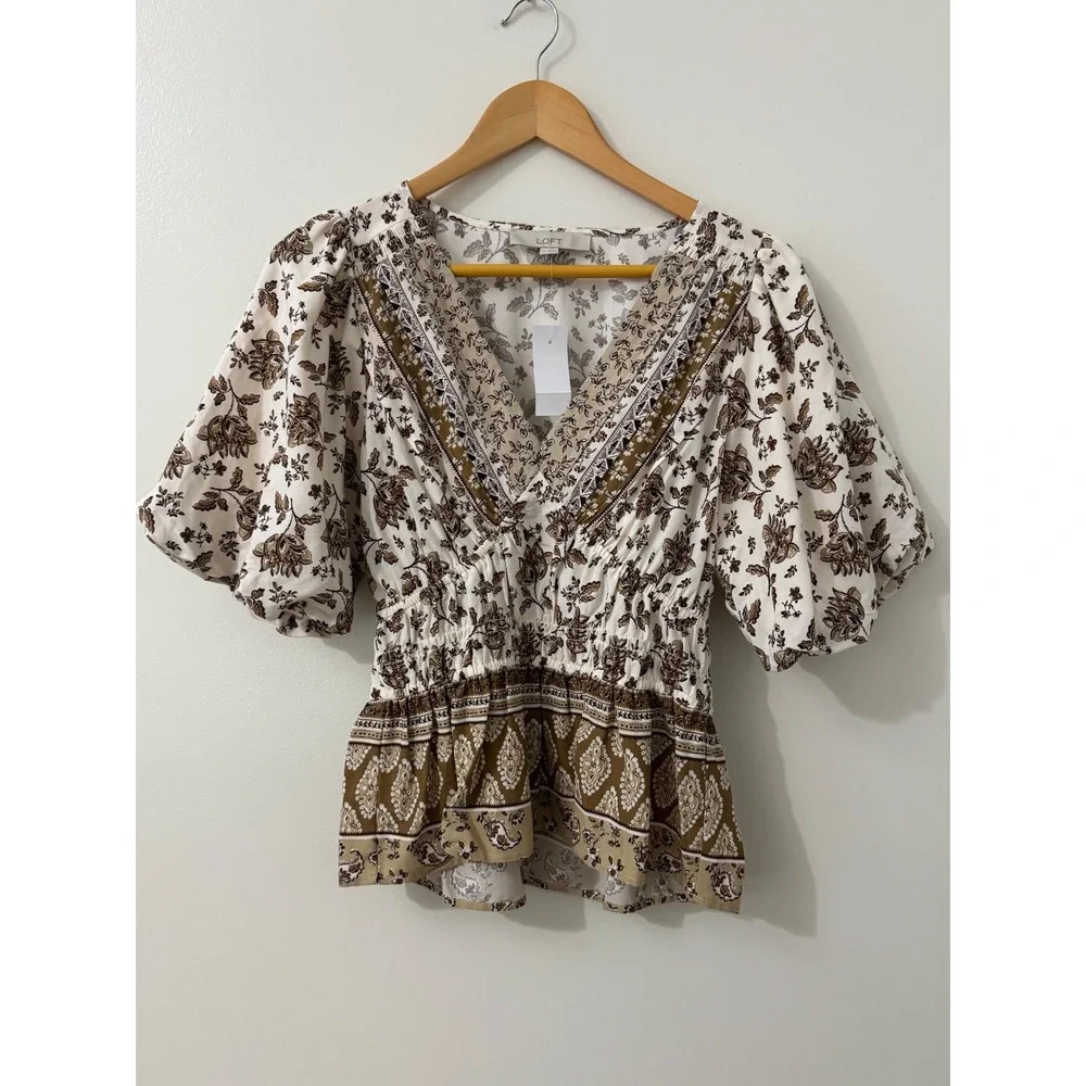 LOFT Floral Boho Peplum Blouse Small Cottagecore Puff Sleeve V Neck Top NWT